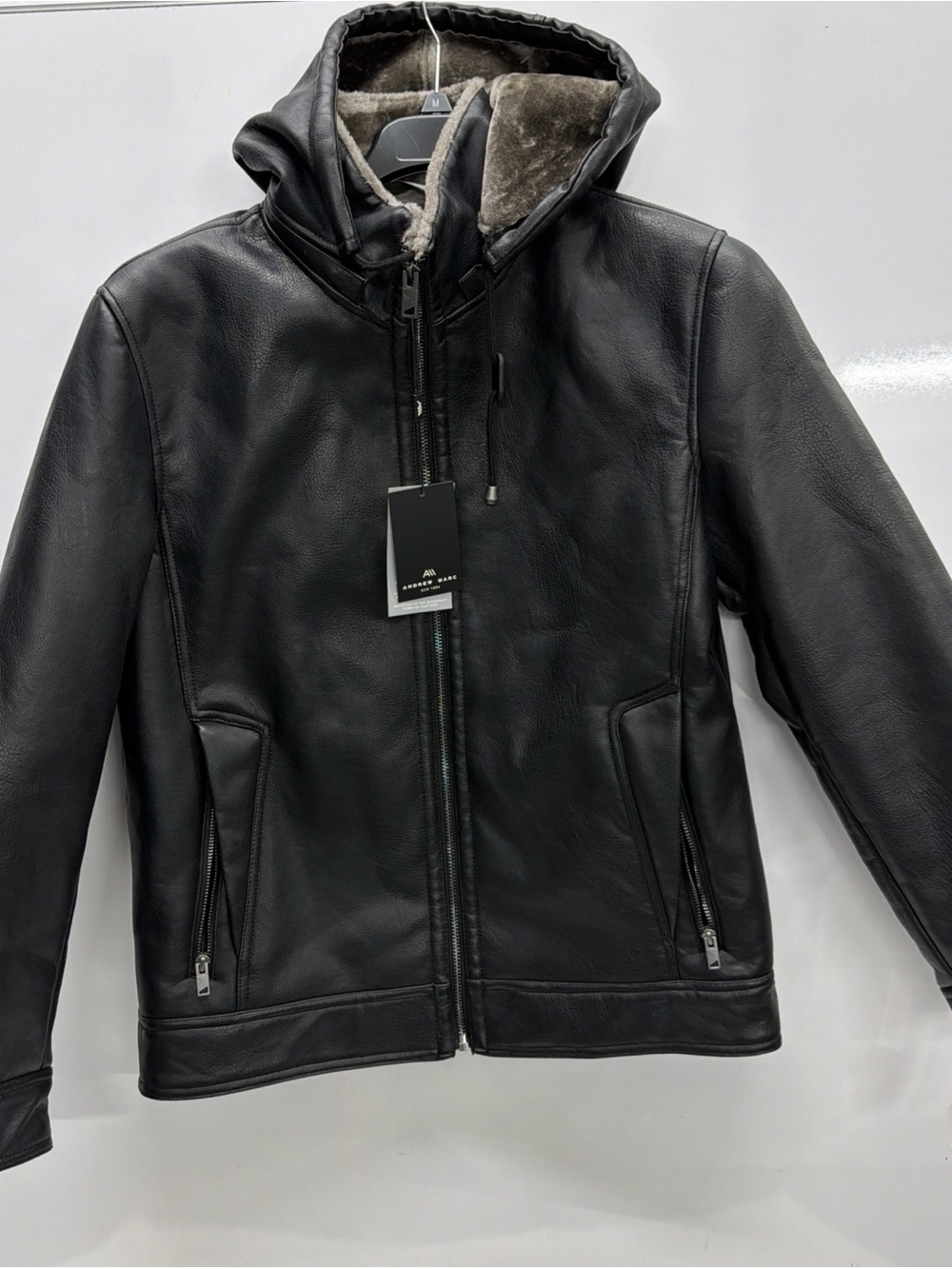 Andrew Marc Black Leather Hooded Bomber with Gray Shearling Lining